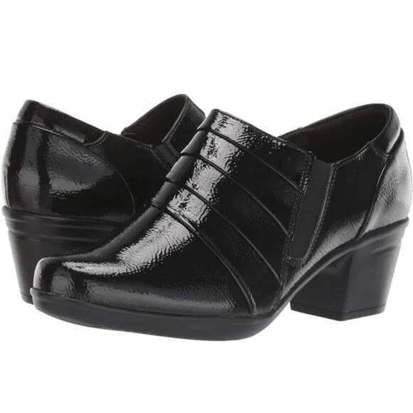 Clarks Womens Emslie Guide Bootie Size 9 Black Patent OrthoLite Comfort Shoes - Picture 1 of 11